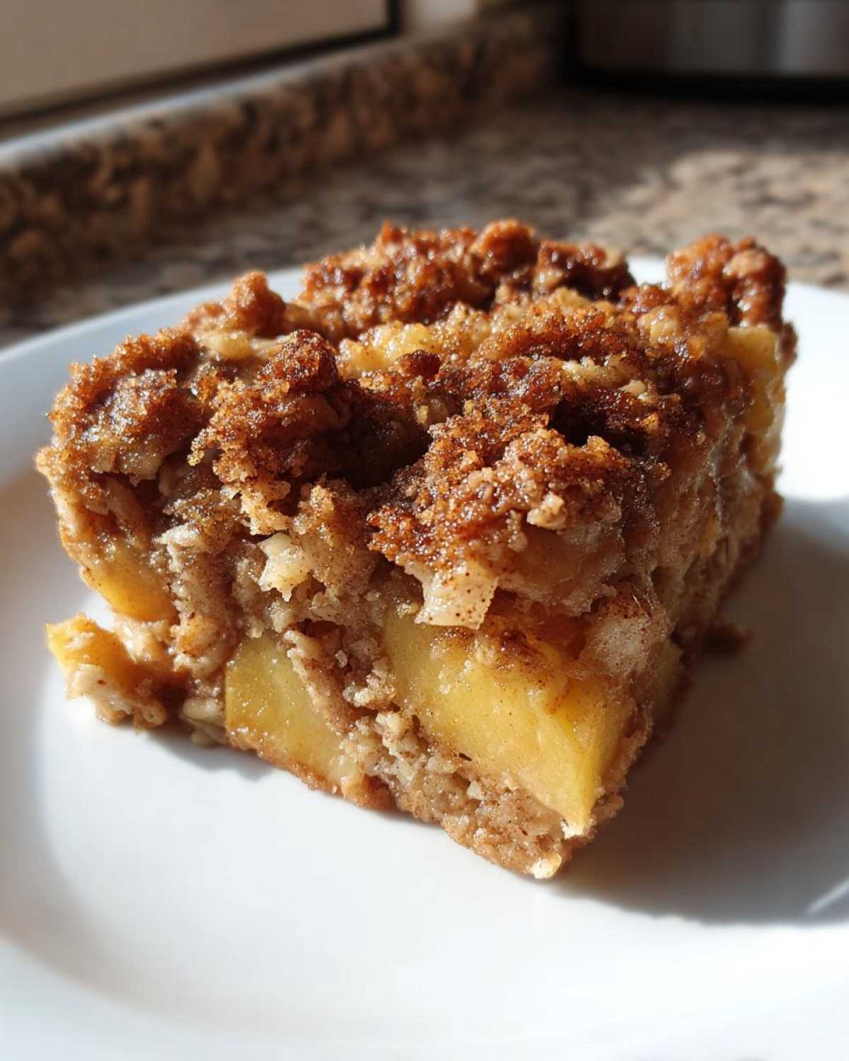 Close-up of a square slice of apple baked oatmeal with a thick, cinnamon streusel topping on a white plate.