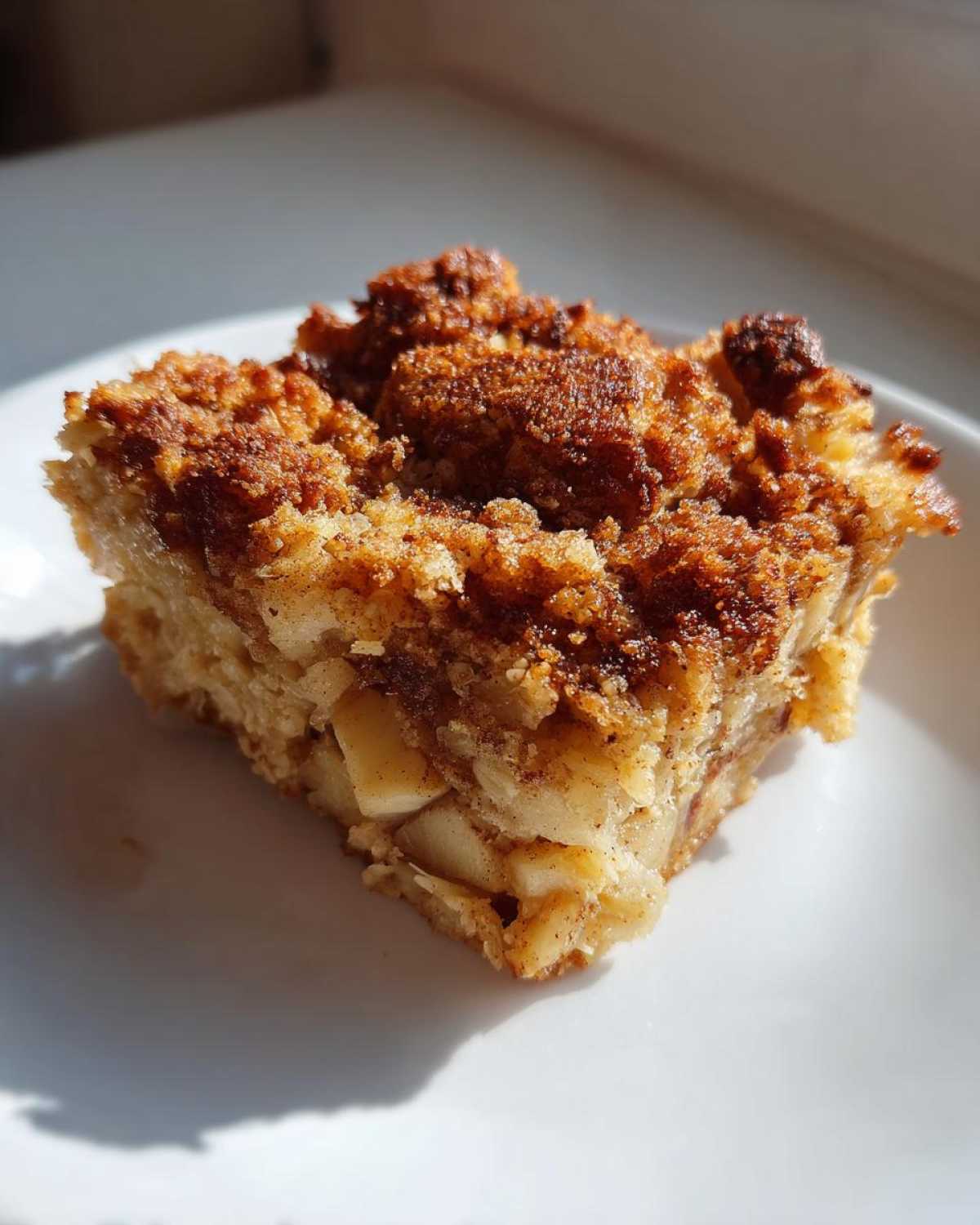 A square slice of apple baked oatmeal with a thick, dark brown cinnamon streusel topping, served on a white plate.