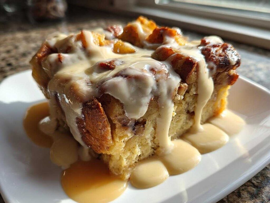A close-up of a square serving of apple bread pudding generously covered in creamy vanilla glaze.