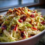 A close-up, appetizing view of apple cranberry coleslaw topped generously with walnuts and dried cranberries.