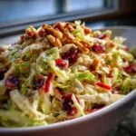 A close-up, appetizing view of apple cranberry coleslaw topped generously with walnuts and dried cranberries.