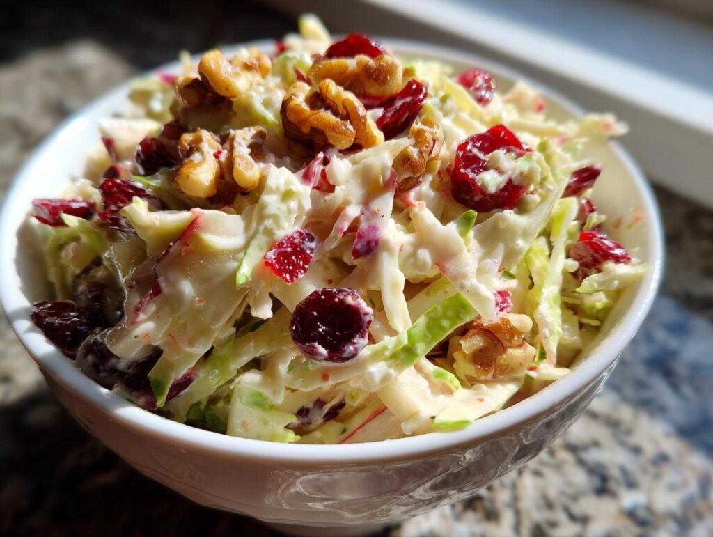 A close-up of creamy apple cranberry coleslaw topped with walnuts and dried cranberries in a white bowl.