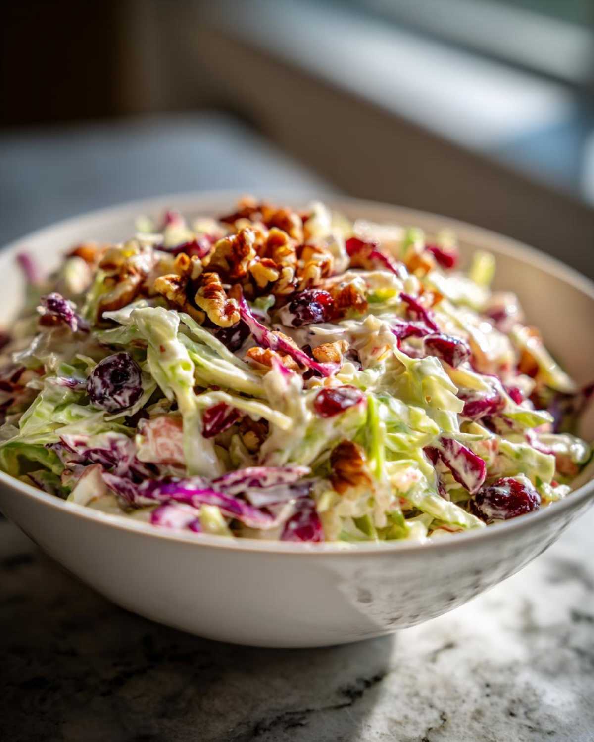 A creamy bowl of apple cranberry coleslaw topped generously with walnuts and dried cranberries.