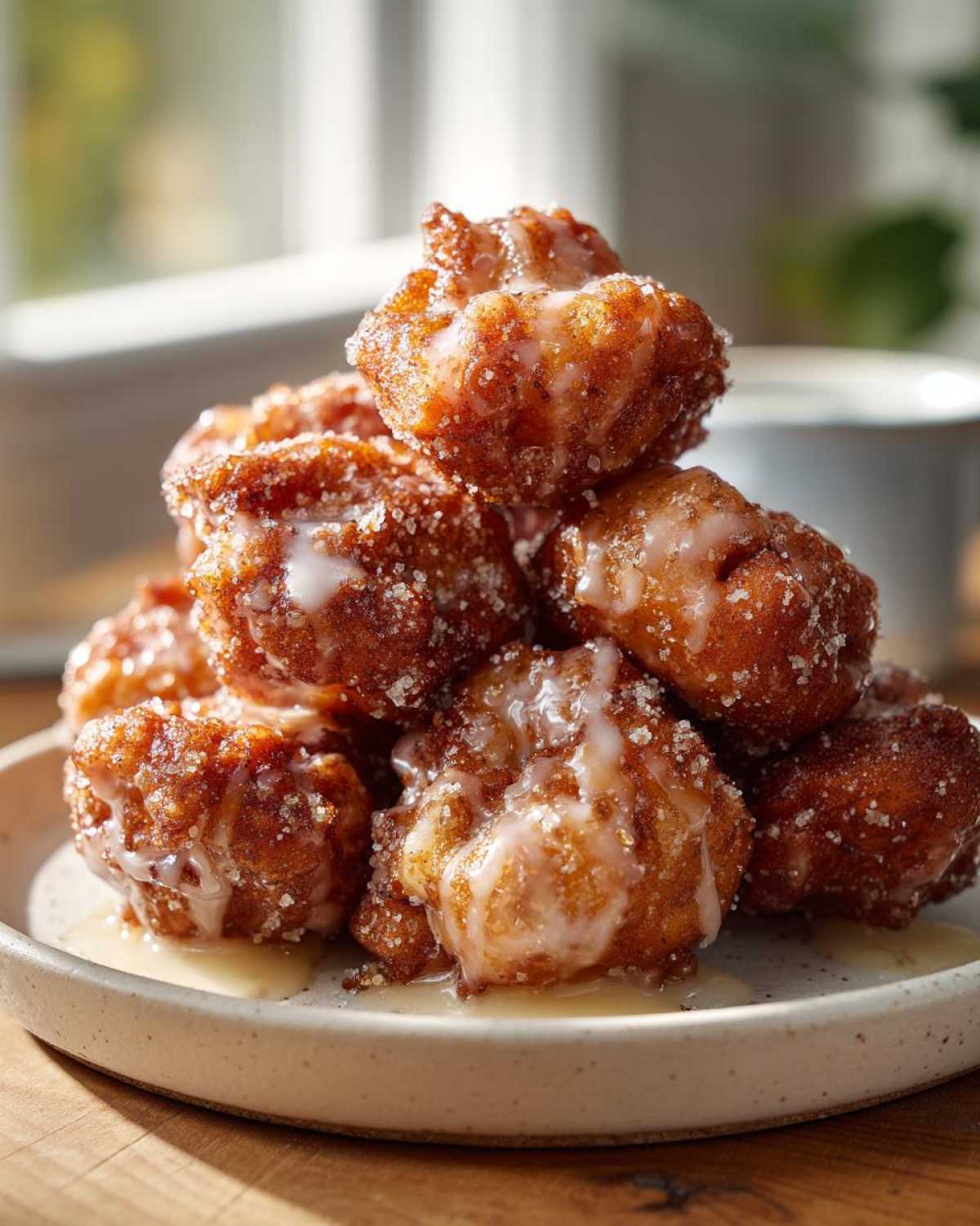 A tempting pile of golden brown apple fritter bites drizzled with white glaze and coated in sugar.