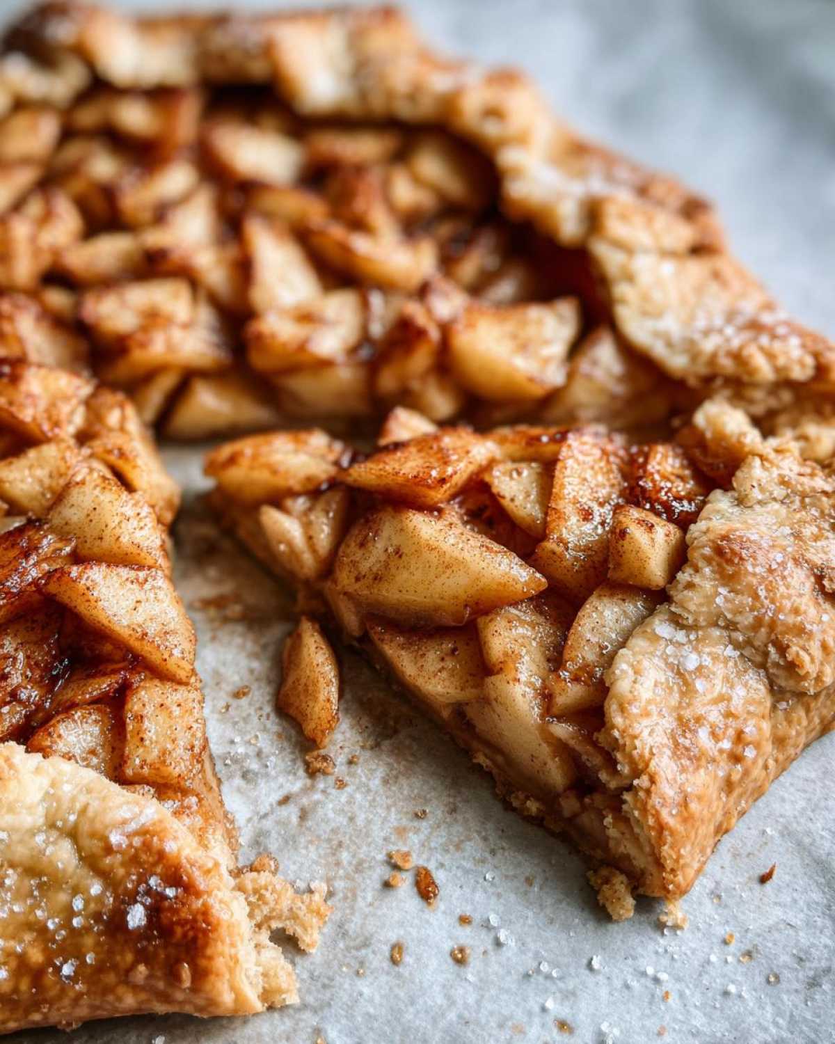 Close-up of a rustic apple galette, sliced and showing caramelized apple filling and flaky crust sprinkled with coarse sugar.