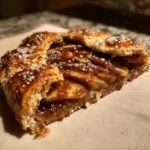 Close-up of a slice of amazing apple galette with caramelized apples and flaky crust sprinkled with coarse sugar.