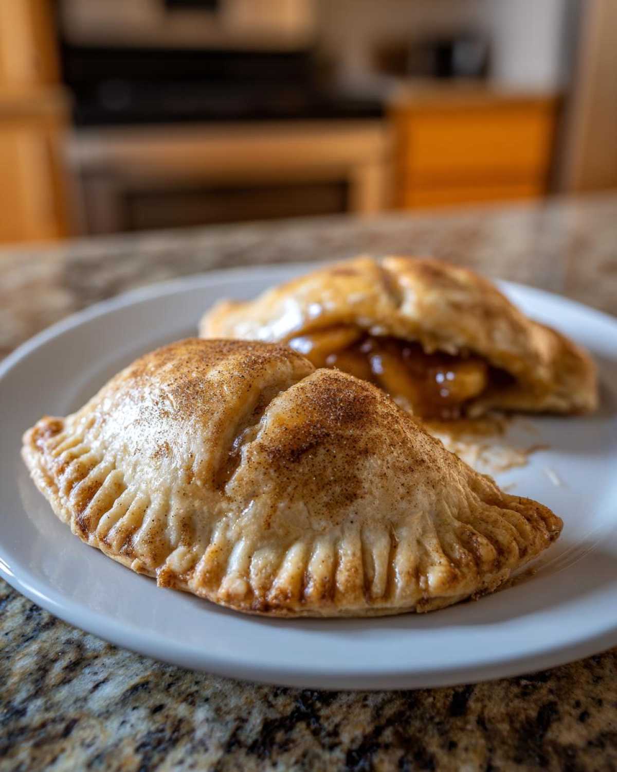 Two golden brown apple pie cookies dusted with cinnamon sugar on a white plate.