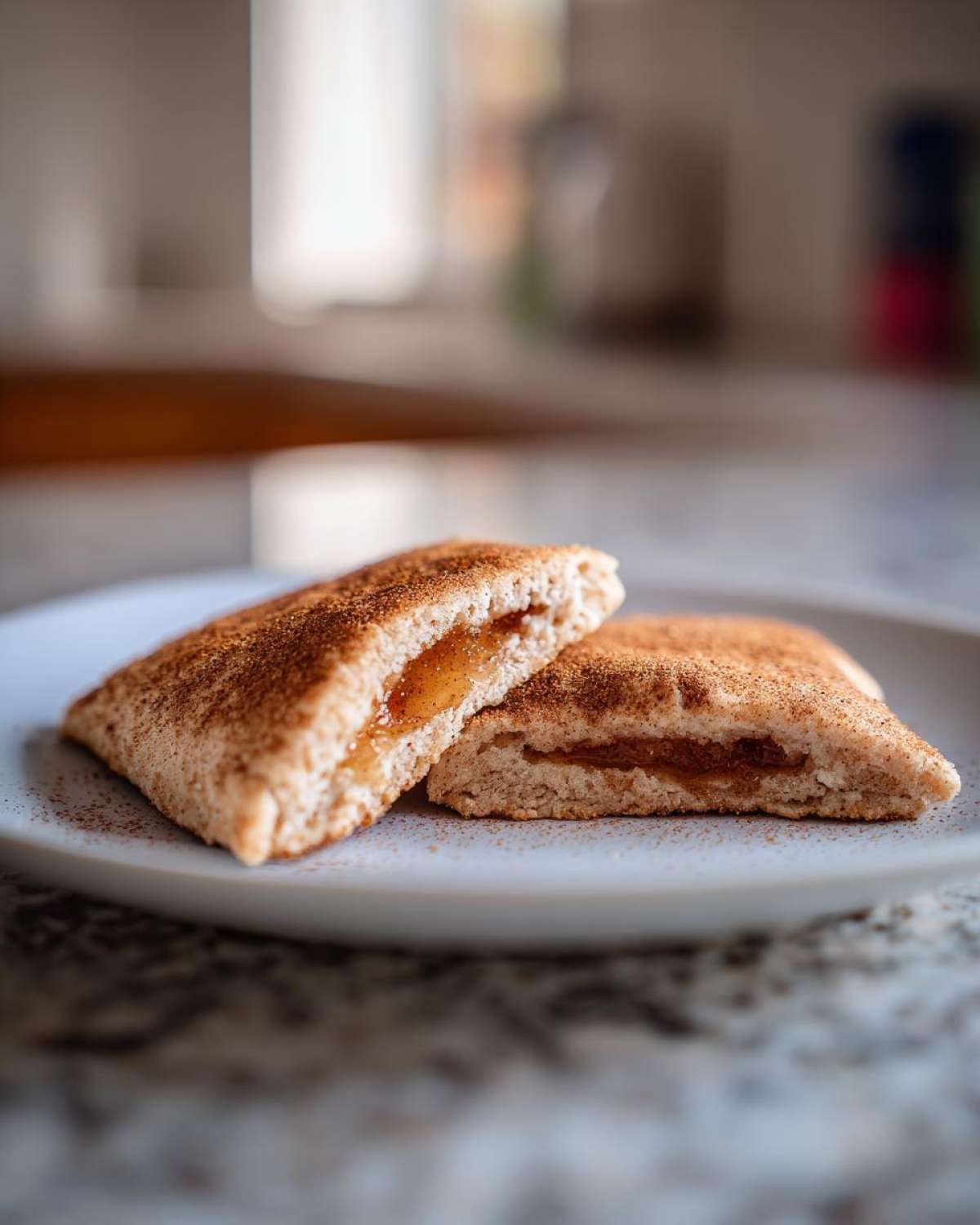 Two halves of homemade apple pie cookies, showing the gooey apple filling and cinnamon topping.