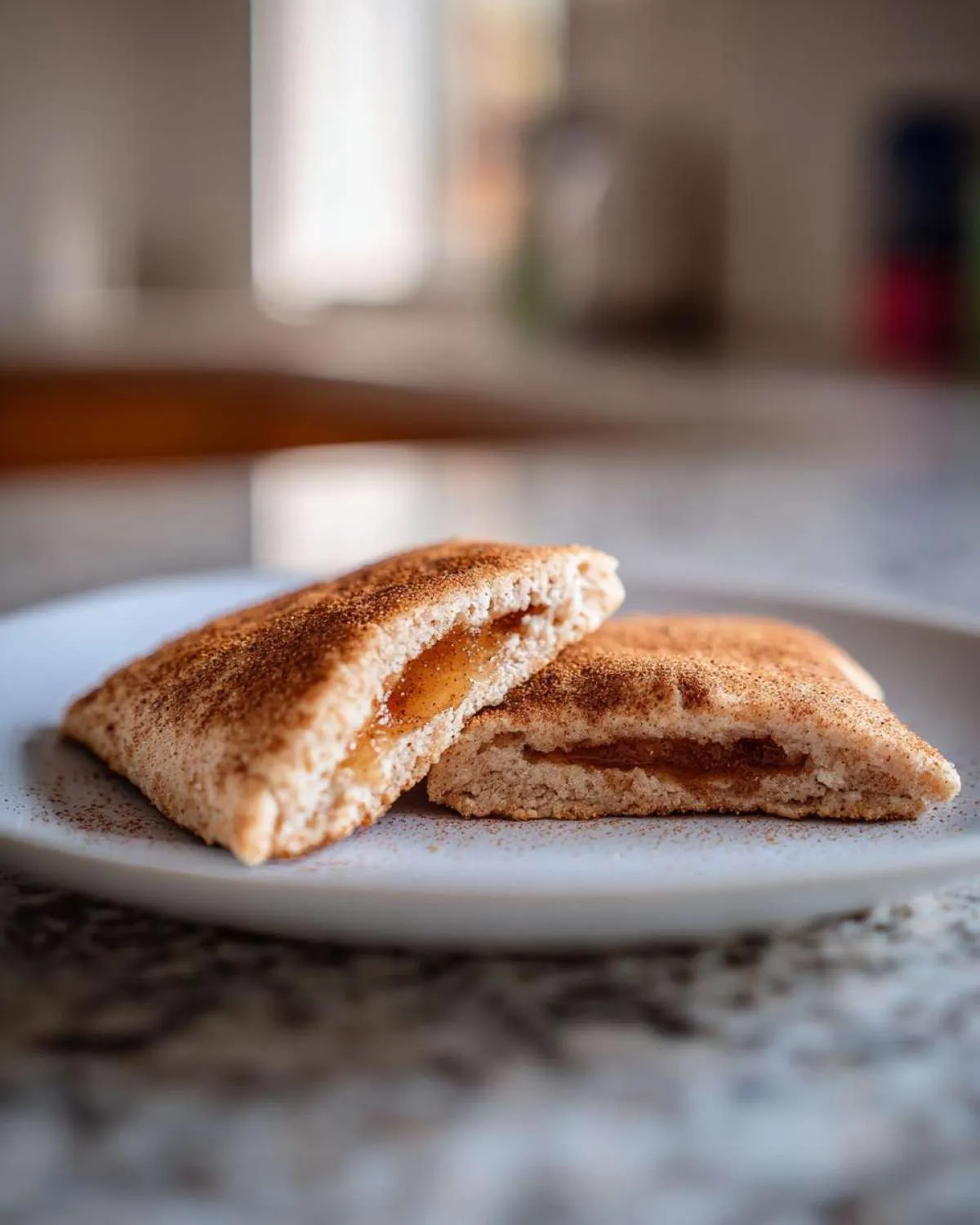 Two halves of homemade apple pie cookies, showing the gooey apple filling and cinnamon topping.