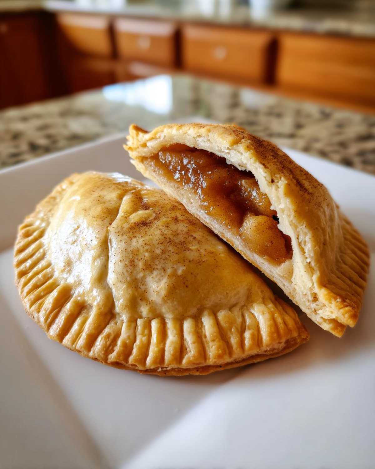 Two golden brown apple pie cookies on a white plate, one cut open to show the spiced apple filling.