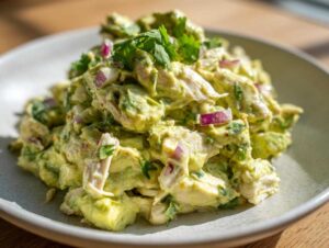 Close-up of creamy avocado chicken salad mixed with red onion and topped with fresh cilantro.