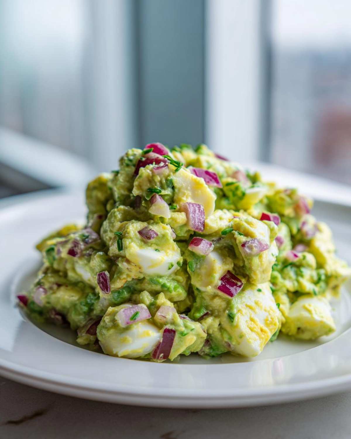 A close-up of creamy avocado egg salad mixed with chopped hard-boiled eggs and vibrant red onion pieces.