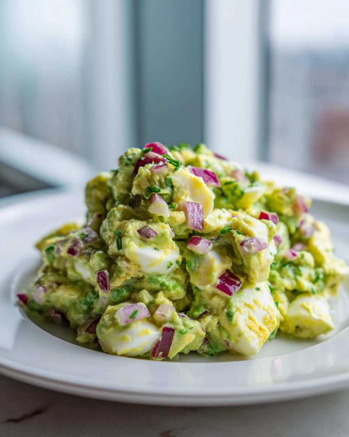 A close-up of creamy avocado egg salad mixed with chopped hard-boiled eggs and vibrant red onion pieces.