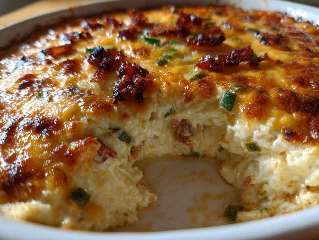 A close-up view of a scoop taken out of a hot, cheesy popper dip topped with crispy bacon and green onions.