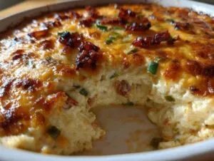 A close-up view of a scoop taken out of a hot, cheesy popper dip topped with crispy bacon and green onions.