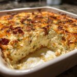 Close-up of a baked popper dip in a white dish, showing a scoop removed, revealing the creamy interior and cheesy, browned topping.