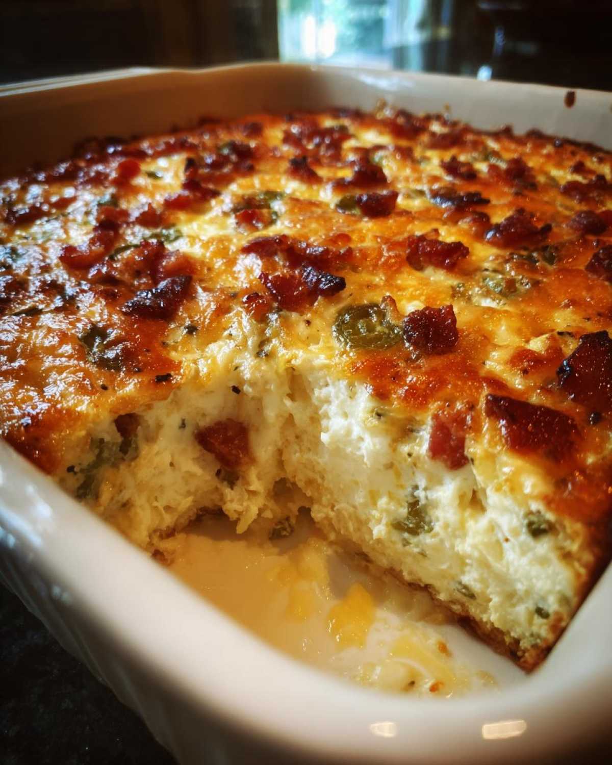 A scoop has been taken out of a creamy, baked popper dip topped with crispy bacon and green peppers.