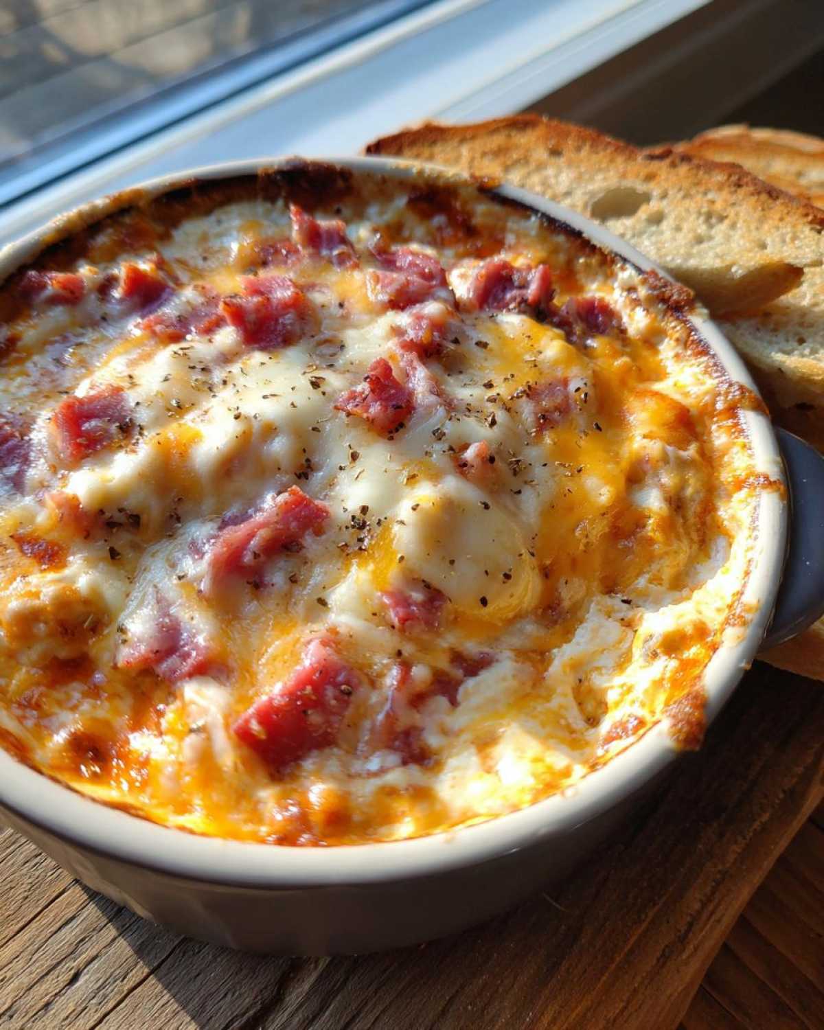 Close-up of a bubbly, baked reuben dip topped with melted cheese and corned beef chunks, served with toasted bread.