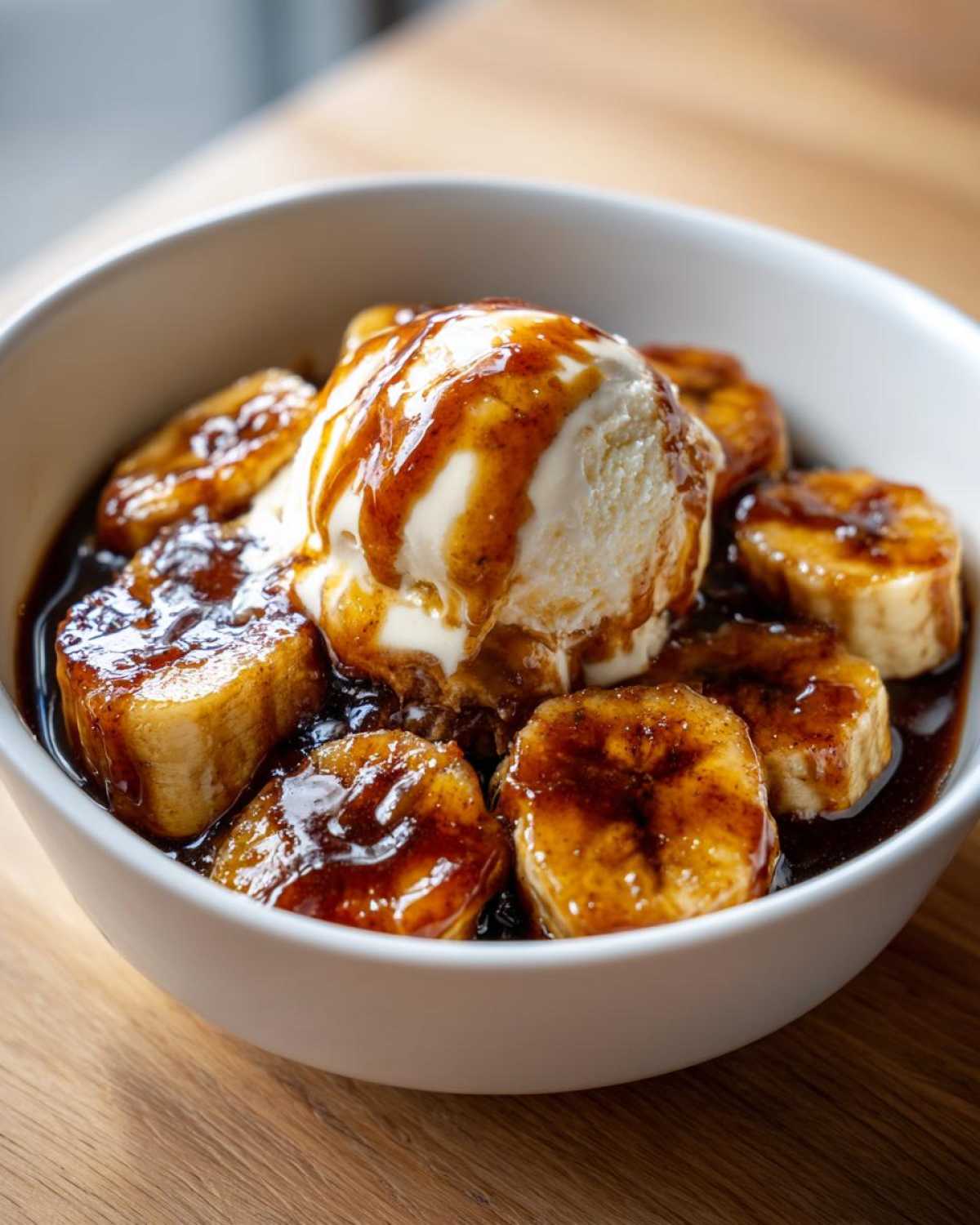 A close-up of Bananas Foster featuring caramelized banana slices swimming in sauce, topped with vanilla ice cream.