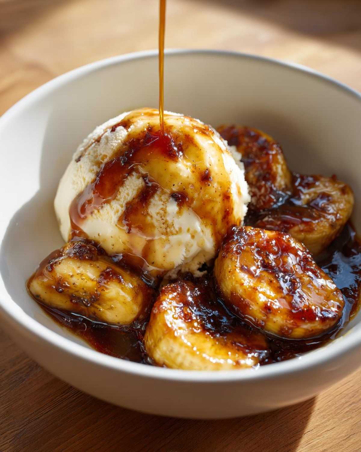 A scoop of vanilla ice cream topped with rich caramel sauce, surrounded by caramelized bananas in a bowl of bananas foster.