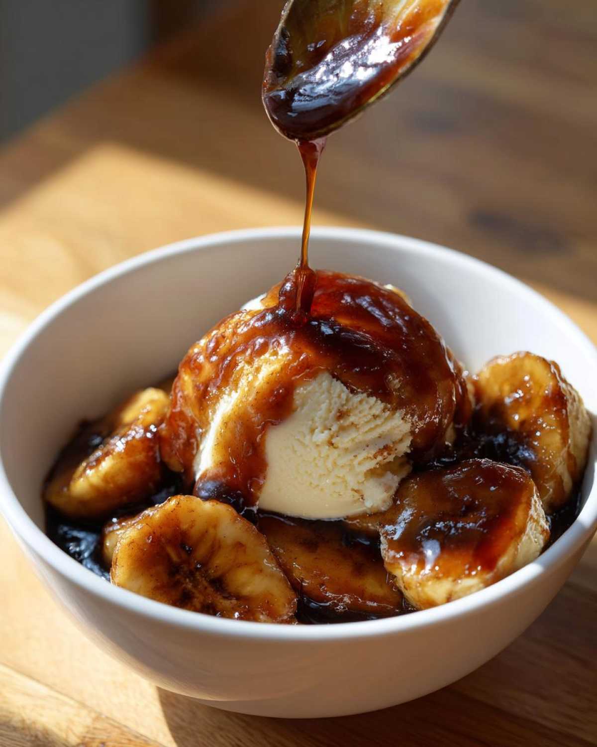 A scoop of vanilla ice cream topped with caramelized bananas and rich sauce being poured over it for Bananas Foster.
