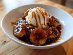 Close-up of rich, caramelized bananas foster topped with a scoop of vanilla ice cream and caramel drizzle.