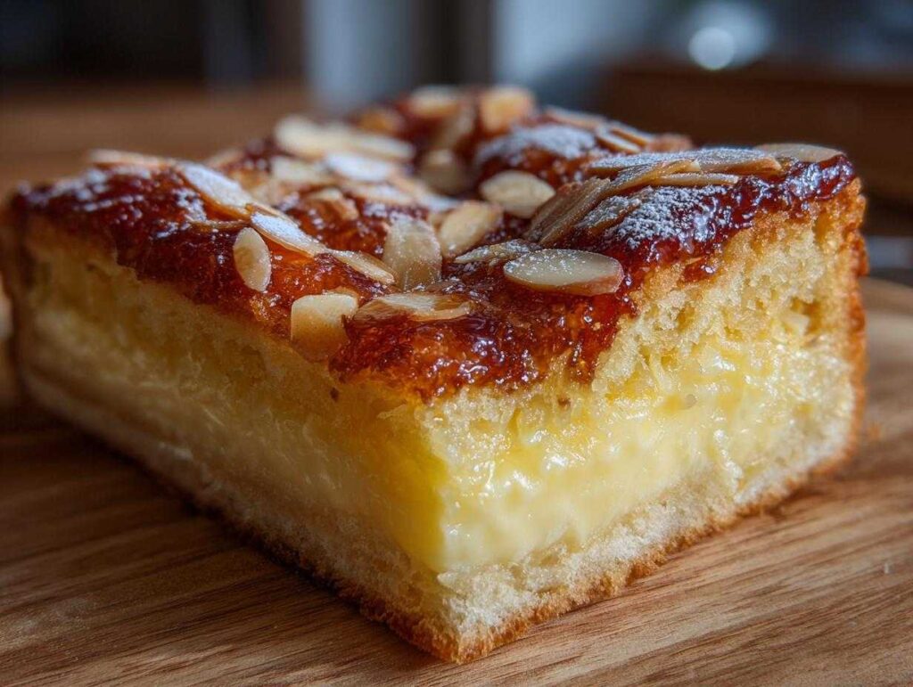A close-up cross-section of a delicious bee sting cake showing the cake base, thick vanilla cream filling, and caramelized almond topping.