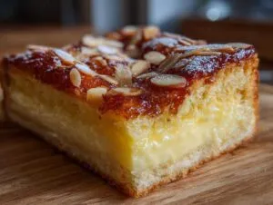 A close-up cross-section of a delicious bee sting cake showing the cake base, thick vanilla cream filling, and caramelized almond topping.