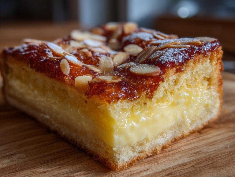 A close-up cross-section of a delicious bee sting cake showing the cake base, thick vanilla cream filling, and caramelized almond topping.