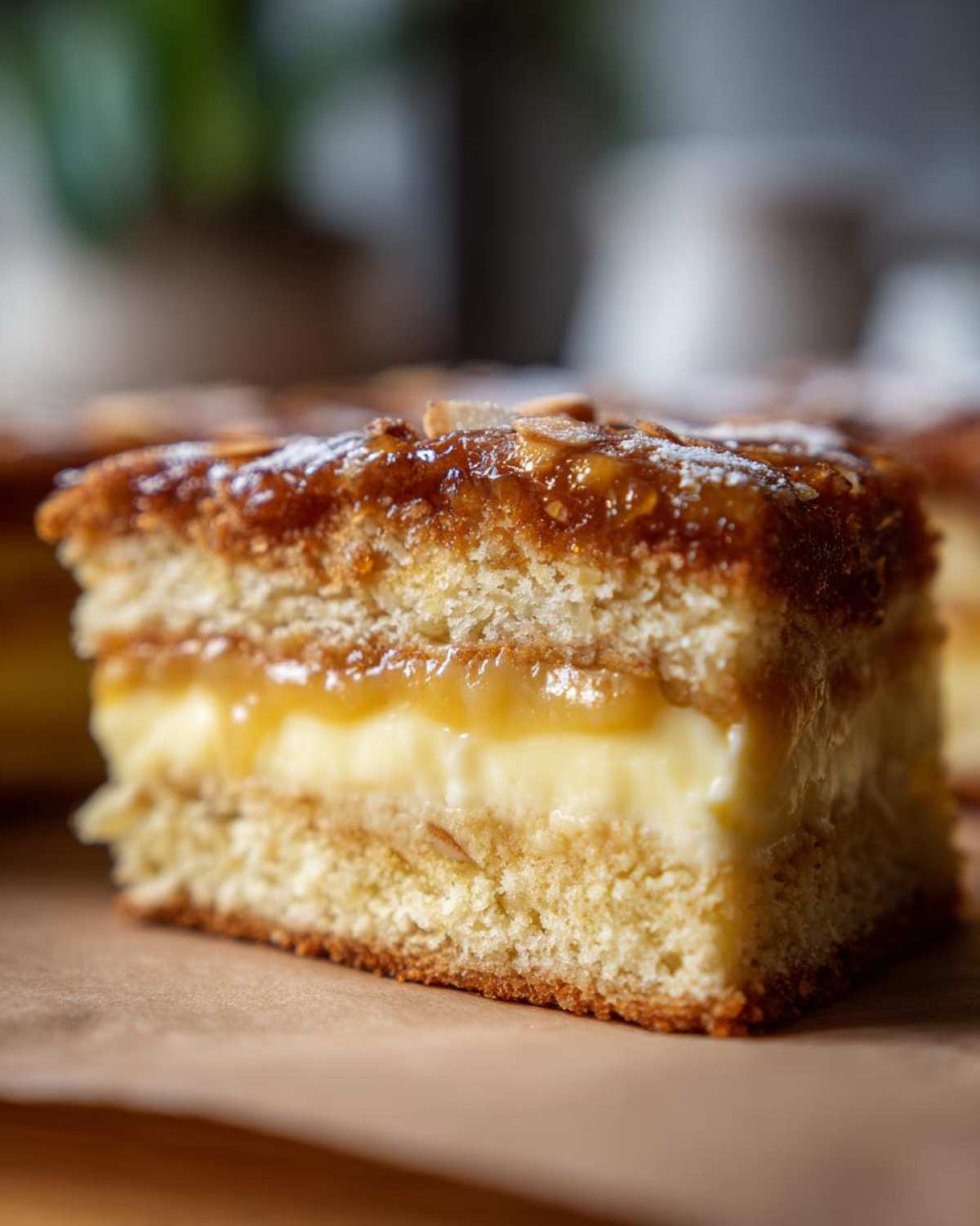 A close-up cross-section of a delicious bee sting cake showing layers of sponge, cream filling, and caramelized almond topping.