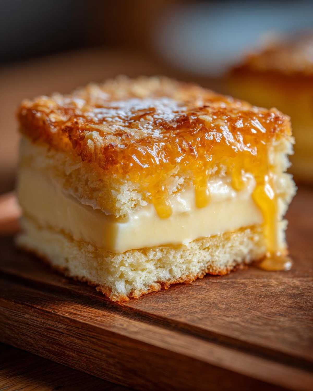 Close-up of a perfect slice of bee sting cake showing cake, cream filling, and dripping honey almond topping.