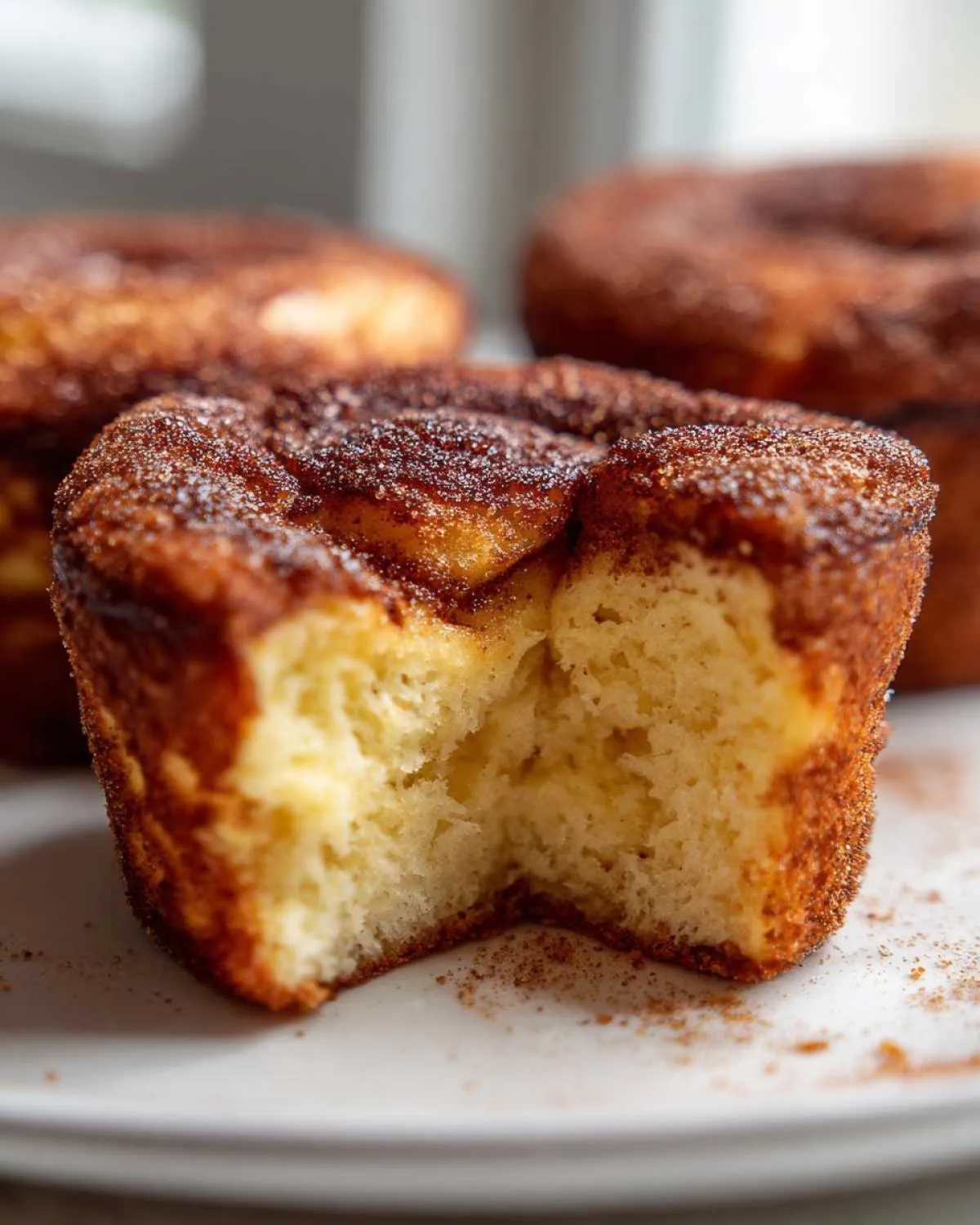 A close-up shot of one of the french toast muffins with a bite taken out, showing the soft interior and cinnamon sugar crust.