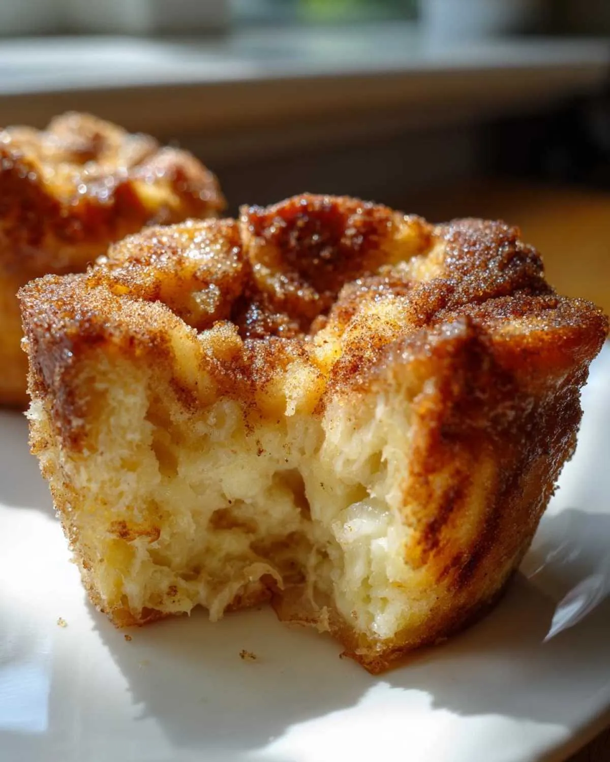 Close-up of a french toast muffin with a bite taken out, showing a fluffy interior and sugary cinnamon crust.