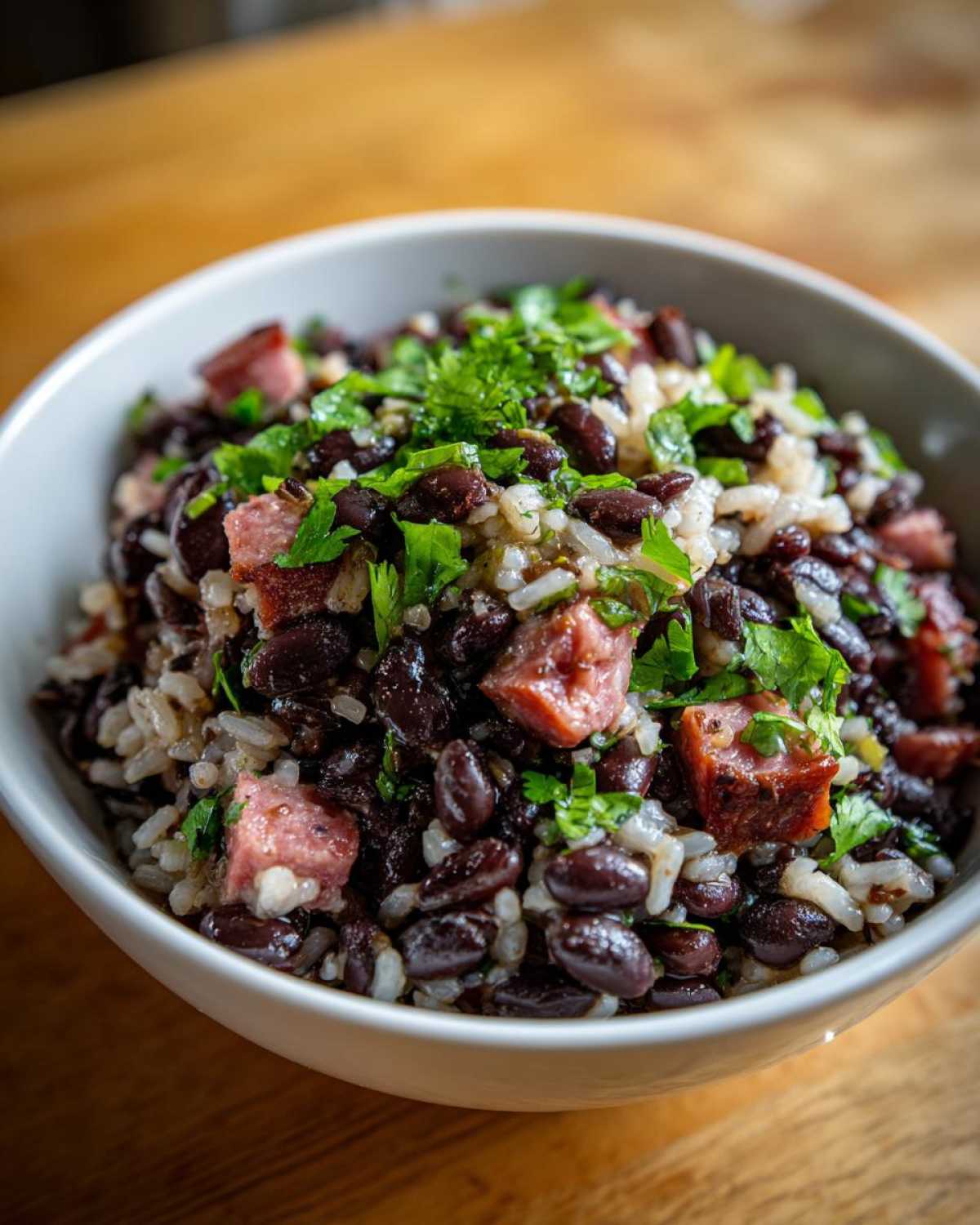 Close-up of a white bowl filled with flavorful black beans and rice mixed with chunks of sausage and topped with fresh cilantro.