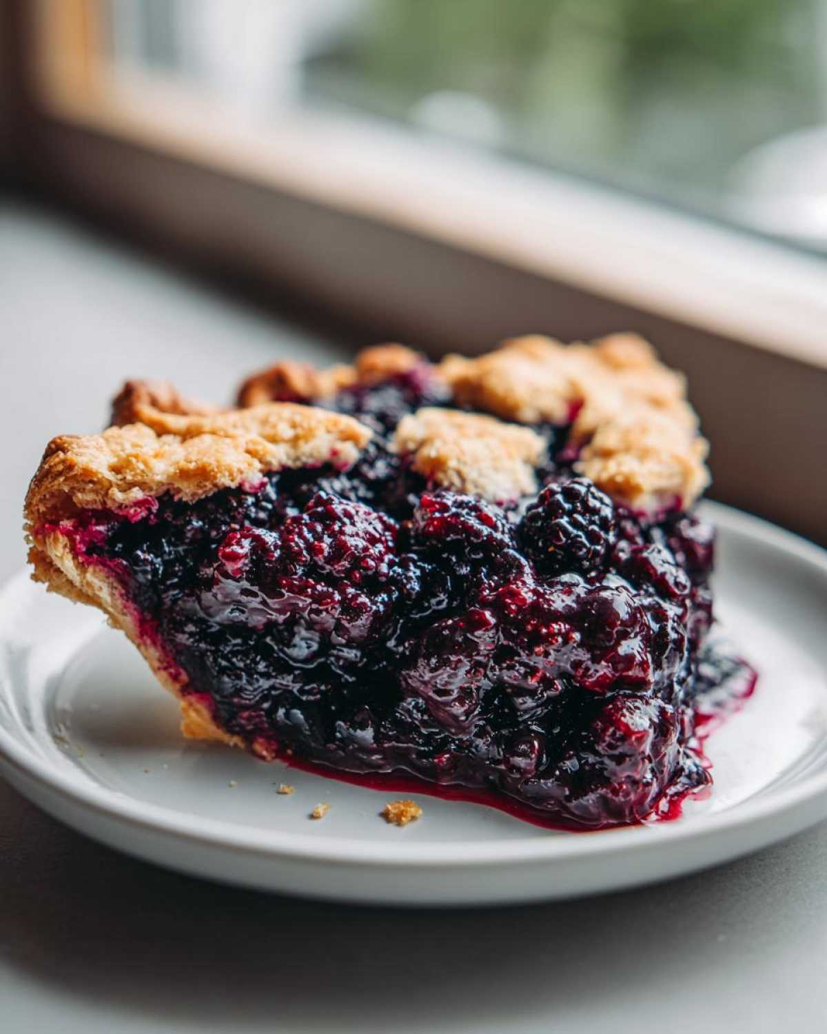 Close-up of a juicy slice of blackberry pie showing the deep purple filling and golden flaky crust.