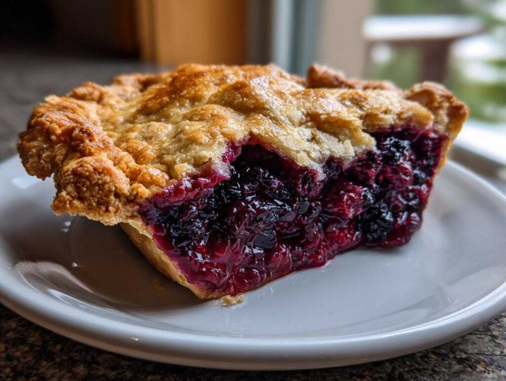 Close-up of a slice of blackberry pie showing juicy, dark berry filling and a golden, flaky crust.