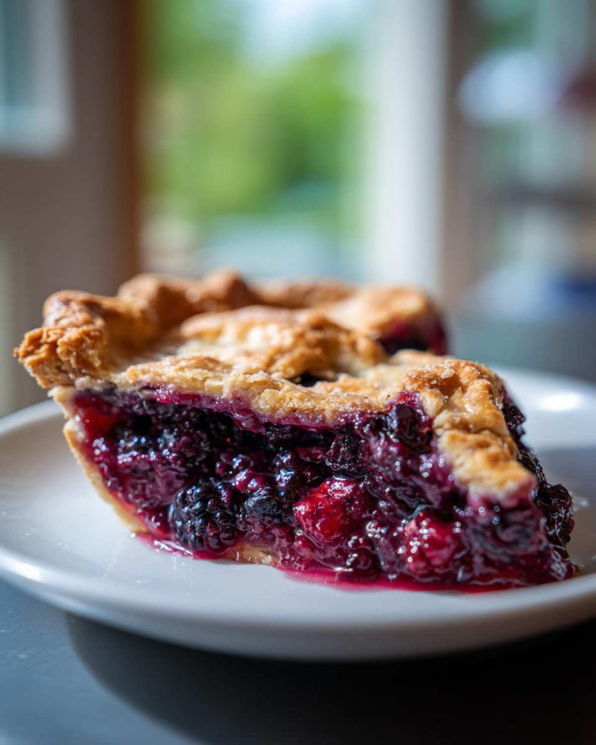 Close-up of a juicy slice of blackberry pie showing a thick, dark berry filling and flaky golden crust.
