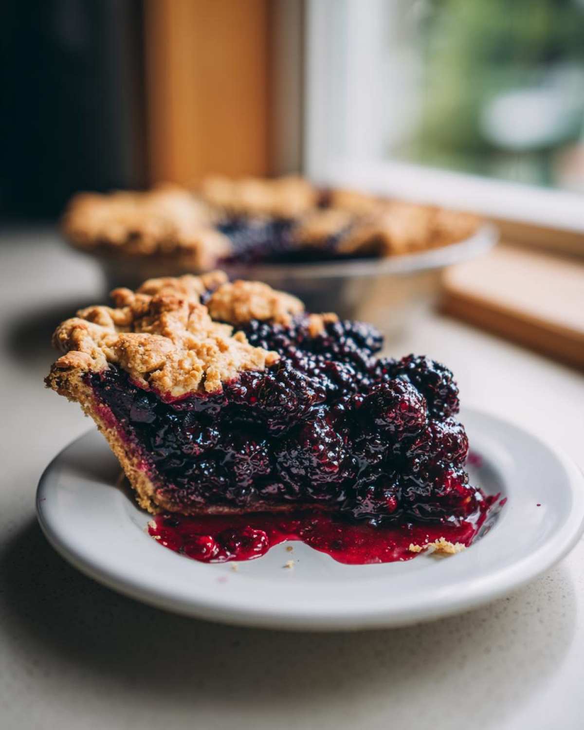 A generous slice of juicy blackberry pie with a thick, dark filling and crumbly crust on a white plate.