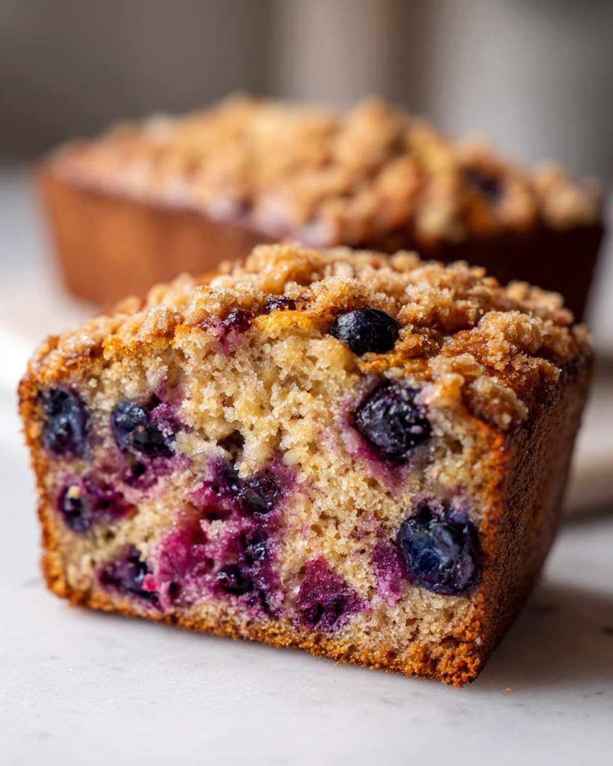 A moist slice of blueberry banana bread featuring visible blueberries and a crunchy streusel topping.