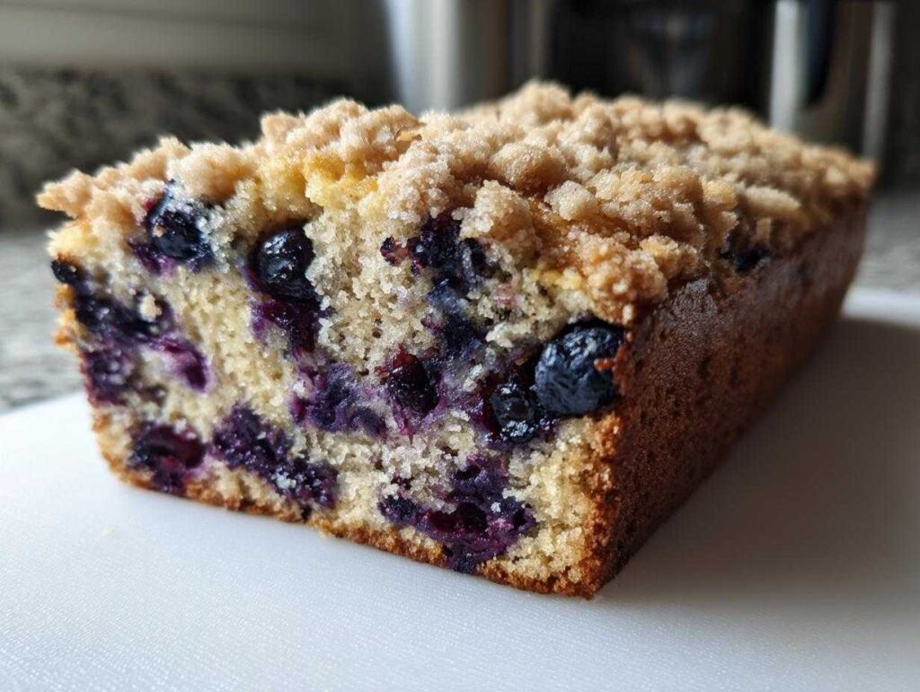 A close-up cross-section of moist blueberry banana bread featuring visible blueberries and a crunchy streusel topping.