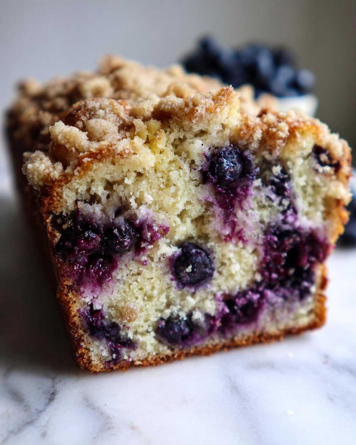 A moist slice of blueberry banana bread featuring plump blueberries and a crunchy streusel topping, resting on marble.