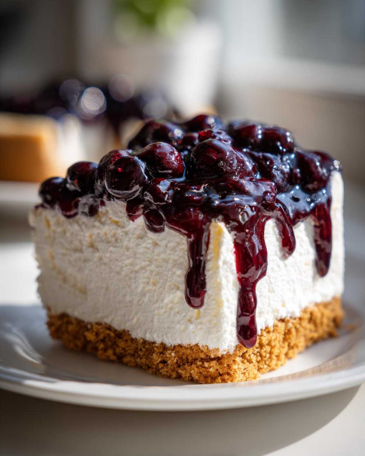 Close-up of a rich slice of blueberry cheesecake featuring a thick graham cracker crust and dripping blueberry topping.