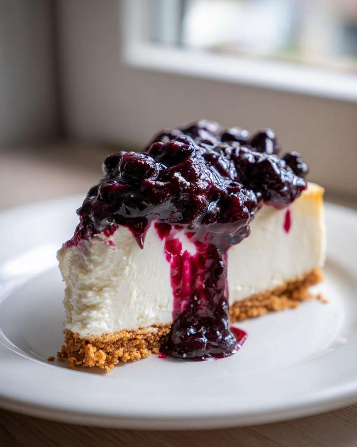 A decadent slice of creamy blueberry cheesecake sits on a white plate, generously topped with dark blueberry compote.