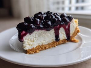 A decadent slice of creamy blueberry cheesecake with a thick graham cracker crust and rich blueberry topping.