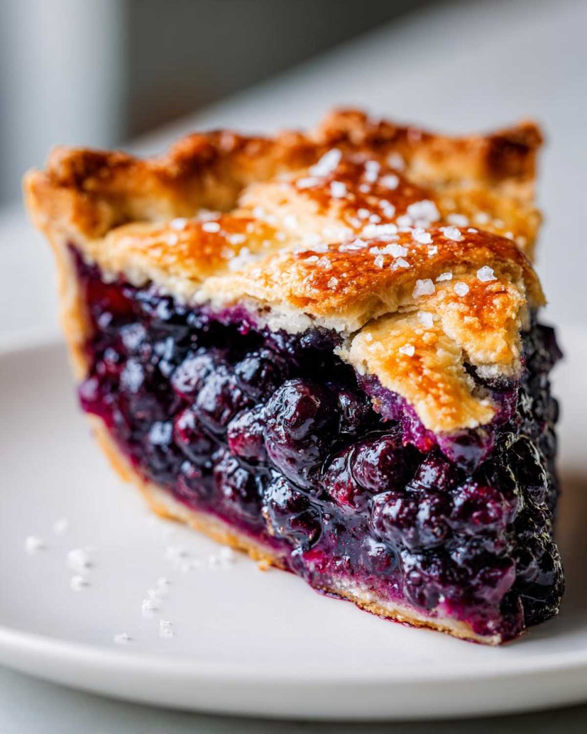 Close-up of a thick slice of blueberry pie recipe, showing juicy filling and flaky crust topped with coarse sugar.