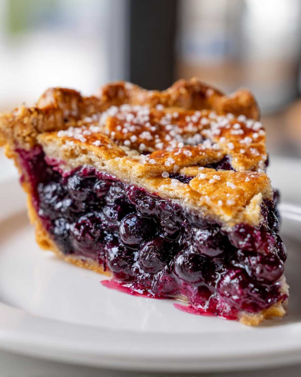 Close-up of a thick slice of blueberry pie recipe showing juicy filling and a golden lattice crust sprinkled with sugar.