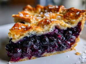Close-up of a thick slice of blueberry pie recipe showing juicy filling and flaky, salted crust.