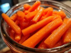 Close-up shot of bright orange, glossy pickled carrots packed tightly inside a clear glass jar.
