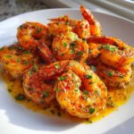 Close-up of juicy, seasoned cajun shrimp glistening in butter sauce and topped with fresh parsley.