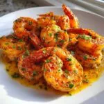 Close-up of juicy, seasoned cajun shrimp glistening in butter sauce and topped with fresh parsley.
